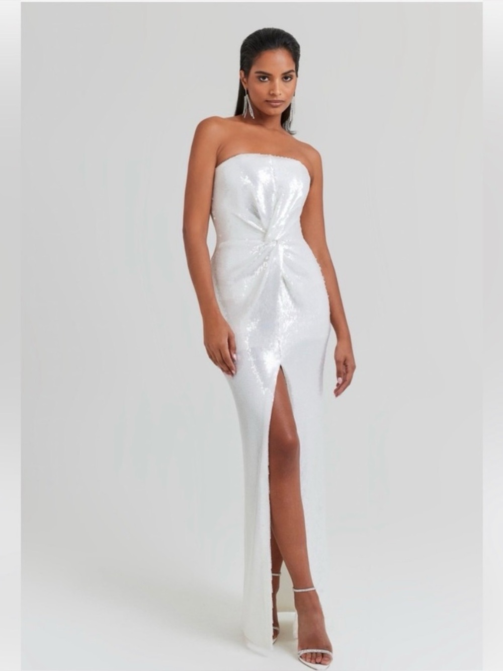 NADINE MERABI White Strapless Sequin Knotted Gown with Front Slit